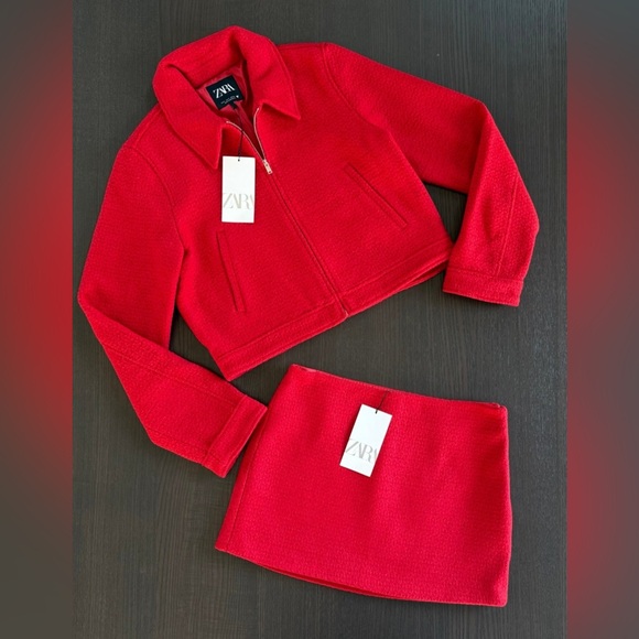 Zara Dresses & Skirts - Zara Vibrant Red Jacket and Skirt Ensemble